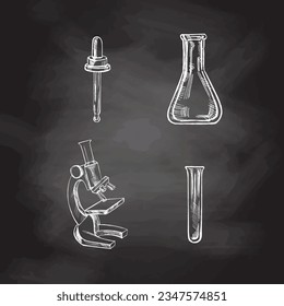 Back to School, hand drawn school and scientific sketch set. Doodle science collection on chalkboard background. Education Concept. Vintage sketch element. Vector illustration. Back to School.