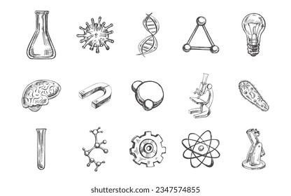 Back to School, hand drawn school and scientific sketch set. Doodle science collection. Education Concept. Vintage sketch element. Vector illustration. Back to School.