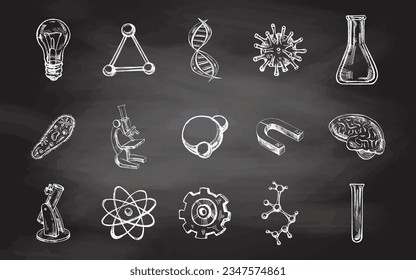 De vuelta a la escuela, escuela dibujada a mano y juego de boceto científico. Colección de ciencia Doodle sobre el fondo de la pizarra. Concepto de educación. Esbozo vintage. Ilustración vectorial. De vuelta a la escuela.