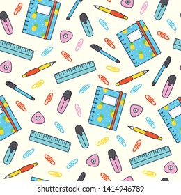 Back to school hand drawn seamless pattern. Flat vector illustration in cartoon style. Notebook, ruler, pen, eraser, paper clips, marker on light beige background. Wrapping paper, print design. 