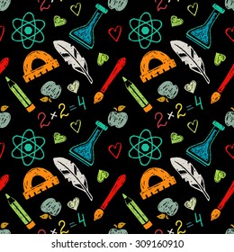 Back to school hand drawn seamless pattern. Colorful hand drawn sketch icons on black background