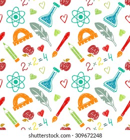 Back to school hand drawn seamless pattern. Colorful hand drawn sketch icons on white background