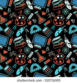 Back to school hand drawn seamless pattern. Colorful hand drawn sketch icons, repeatable background