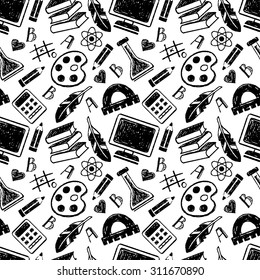 Back to school hand drawn seamless pattern. Colorful hand drawn sketch icons, repeatable background