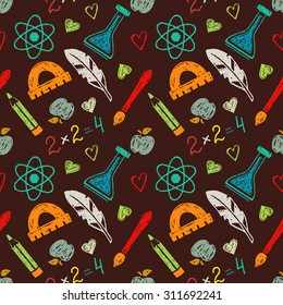 Back to school hand drawn seamless pattern. Colorful hand drawn sketch icons on dark background