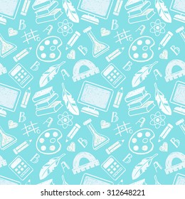 Back to school hand drawn seamless pattern. Colorful hand drawn sketch icons, repeatable background