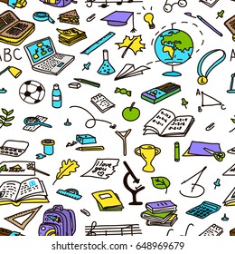 back to school hand drawn seamless pattern in color, sketch, doodle, vector