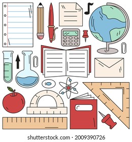 back to school. hand drawn set of doodle school elements. notebook, pen, pencil, apple, calculator, globe, envelope, eraser, ruler, sticker, vial, drawing pin, test tube. isolated vector illustration 