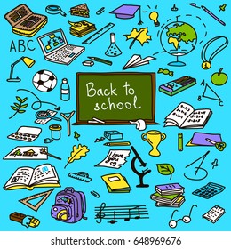 back to school, hand drawn set in color, sketch, doodle, vector
