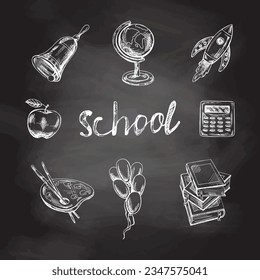 Back to School, hand drawn school sketch set. Doodle lettering and school object collection on chalkboard background. Education Concept. Back to School.