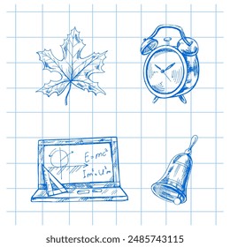 Back to School, hand drawn school sketch set. Doodle lettering and school object collection. Education Concept. Vintage sketch element. Vector illustration. Back to School.