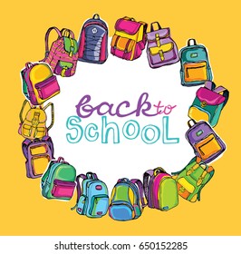 Back to School. Hand drawn Sketch Doodle Backpacks. Casual Backpack, Fashion Backpack. Vector illustration.