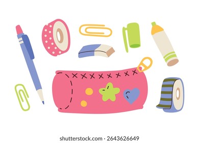 Back to school hand drawn stationery pencil case, tapes, eraser vector illustration for education, online learning, reading book, school and courses. International education day, teachers day art.