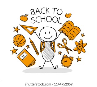 Back to school - hand drawn stickman with school accessories. Vector.