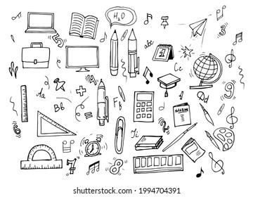 Back to school with hand drawn school supplies - big set. Doodle and school items collection. Sketch icon. Kids ink style background. Education concept. Vector illustration.