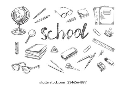 Back to School, hand drawn school supplies - big sketch set. Doodle lettering and school object collection. Education Concept. Vintage sketch element.  Vector illustration. Back to School.