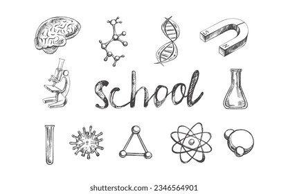 Back to School, hand drawn school supplies - big sketch set. Doodle lettering and school object collection. Education Concept. Vintage sketch element.  Vector illustration. Back to School.