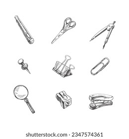 Back to School, hand drawn school supplies sketch set. Doodle object collection. Education Concept. Vintage sketch element. Vector illustration. Back to School.