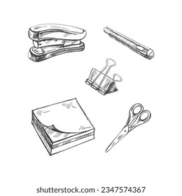 De vuelta a la escuela, el juego de boceto de material escolar dibujado a mano. Colección de objetos Doodle. Concepto de educación. Esbozo vintage. Ilustración vectorial. De vuelta a la escuela.