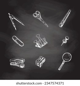 Back to School, hand drawn school supplies sketch set. Doodle object collection on chalkboard background. Education Concept. Vintage sketch element. Vector illustration. Back to School.