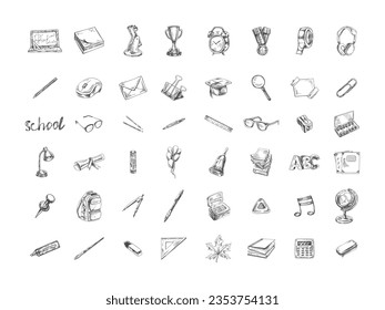 Back to School, hand drawn school supplies - big sketch set. Doodle lettering and school object collection. Education Concept. Vintage sketch element. Vector illustration. Back to School.