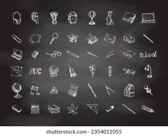 Back to School, hand drawn school supplies - big sketch set. Doodle school object collection on chalkboard background. Education Concept. Vintage sketch element. Vector illustration. Back to School.