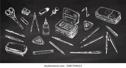 Back to School, hand drawn school supplies - big sketch set. Doodle object collection. Education Concept. Vintage sketch elements on chalkboard background. Back to School.