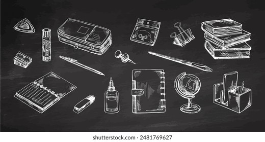 Back to School, hand drawn school supplies - big sketch set. Doodle object collection. Education Concept. Vintage sketch elements on chalkboard background. Back to School.