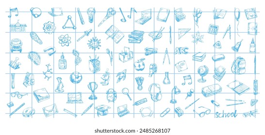 Back to School, hand drawn school supplies - big sketch set. Doodle lettering and school object collection. Education Concept. Vintage sketch elements on checkered notebook sheet background.. 