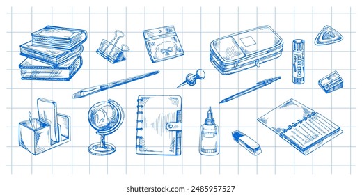 Regreso a la escuela, útiles escolares dibujados a mano - gran juego de bocetos. Doodle colección de objetos. Concepto de Educación. Elemento de esbozo de Antiguas. Ilustración vectorial. De vuelta a la escuela.