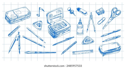 Back to School, hand drawn school supplies - big sketch set. Doodle object collection. Education Concept. Vintage sketch element. Vector illustration. Back to School.