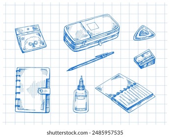 Back to School, hand drawn school supplies - big sketch set. Doodle object collection. Education Concept. Vintage sketch element. Vector illustration. Back to School.