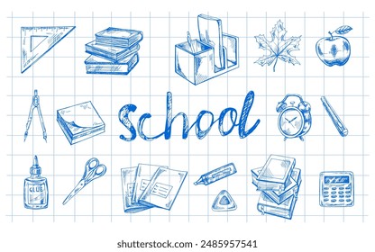 Back to School, hand drawn school supplies - big sketch set. Doodle lettering and school object collection. Education Concept. Vintage sketch element.  Vector illustration. Back to School.