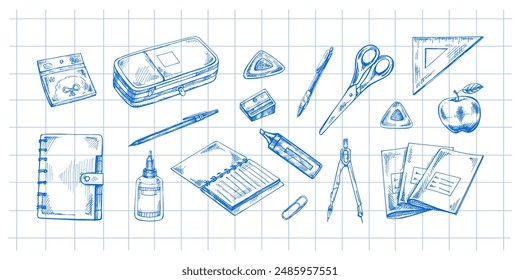 Back to School, hand drawn school supplies - big sketch set. Doodle object collection. Education Concept. Vintage sketch element. Vector illustration. Back to School.