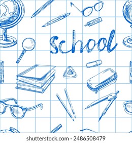 Back to School, hand drawn school supplies seamless pattern. Doodle lettering and school object collection. Education Concept. Vintage sketch element. Back to School