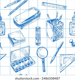 Back to School, hand drawn school supplies seamless pattern. Doodle lettering and school object collection. Education Concept. Vintage sketch element. Back to School