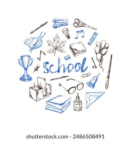 Back to School, hand drawn school supplies, sketch set in a circle. Doodle lettering and school object collection. Education Concept. Vintage sketch elements. Back to School.