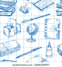 Back to School, hand drawn school supplies seamless pattern. Doodle lettering and school object collection. Education Concept. Vintage sketch element. Back to School