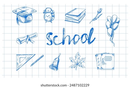 Regreso a la escuela, útiles escolares dibujados a mano - gran juego de bocetos. Letras de garabatos y colección de objetos escolares. Concepto de Educación. Elemento de esbozo de Antiguas.  Ilustración vectorial. De vuelta a la escuela.