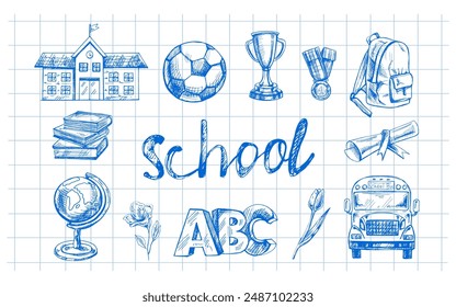 Back to School, hand drawn school supplies - big sketch set. Doodle lettering and school object collection. Education Concept. Vintage sketch element.  Vector illustration. Back to School.