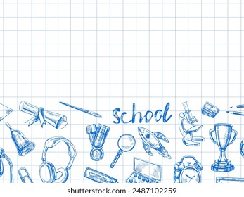 Zurück zur Schule, handgezeichnetes Schulmaterial, Vorlage. Doodle Schriftzug und Schulobjekt Kollektion. Bildung. Klassisches Skizzenelement. Vektorillustration. Zurück zur Schule.