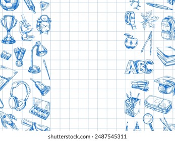 De vuelta a la escuela, útiles escolares dibujados a mano, Plantilla. Letras de garabatos y colección de objetos escolares. Concepto de Educación. Elemento de esbozo de Antiguas. Ilustración vectorial. De vuelta a la escuela.