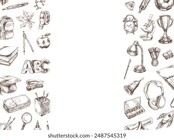 Back to School, hand drawn school supplies, template. Doodle lettering and school object collection. Education Concept. Vintage sketch element. Vector illustration. Back to School.