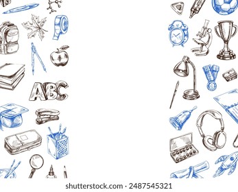 Back to School, hand drawn school supplies, template. Doodle lettering and school object collection. Education Concept. Vintage sketch element. Vector illustration. Back to School.