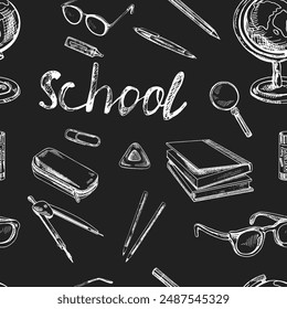 Back to School, hand drawn school supplies seamless pattern. Doodle lettering and school object collection. Education Concept. Chalkboard background. Back to School