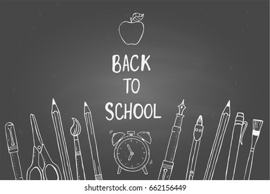 Back to school. Hand drawn school supplies on a chalkboard. Pen, pencil, scissors, paintbrush. Vector illustration.