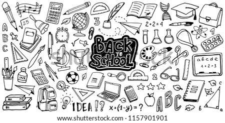 Back to School with hand drawn school supplies - big set. Doodle lettering and school object collection. Sketch icon. Kids style ink background. Education Concept. Vector illustration.