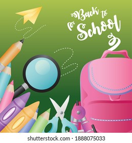 back to school hand drawn text backpack pencils color crayons compass and magnifier vector illustration