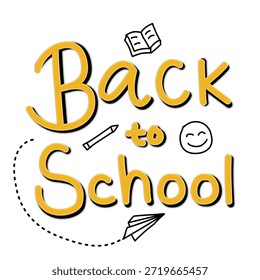 Tipografía dibujada a mano de regreso a la escuela con iconos de Educación Doodle sobre fondo blanco