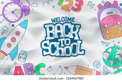 Back to school hand drawn vector design. Welcome back to school text with hand drawing icons and elements for educational background. Vector Illustration.
